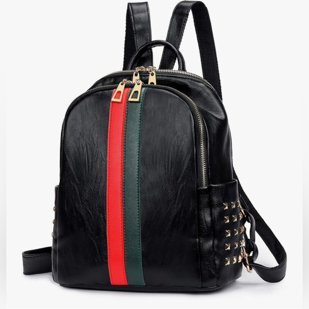 Stylish Black Faux Leather Backpack with Red and Green Stripes